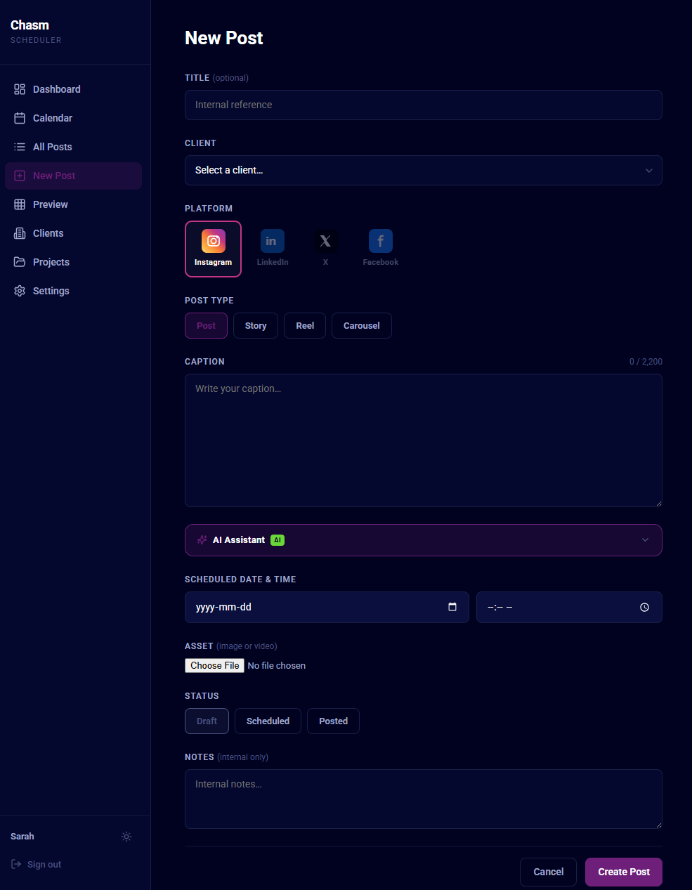 Create Post screen