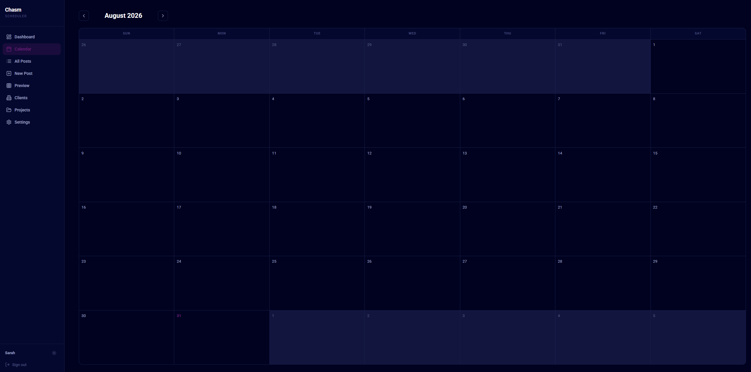 Post Calendar screen